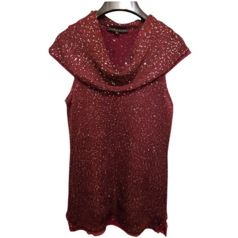 ANTONIO MELANI WINE SLEEVELESS SWEATER COWL NECK. AND SILVER SEQUINS. SZ. S.